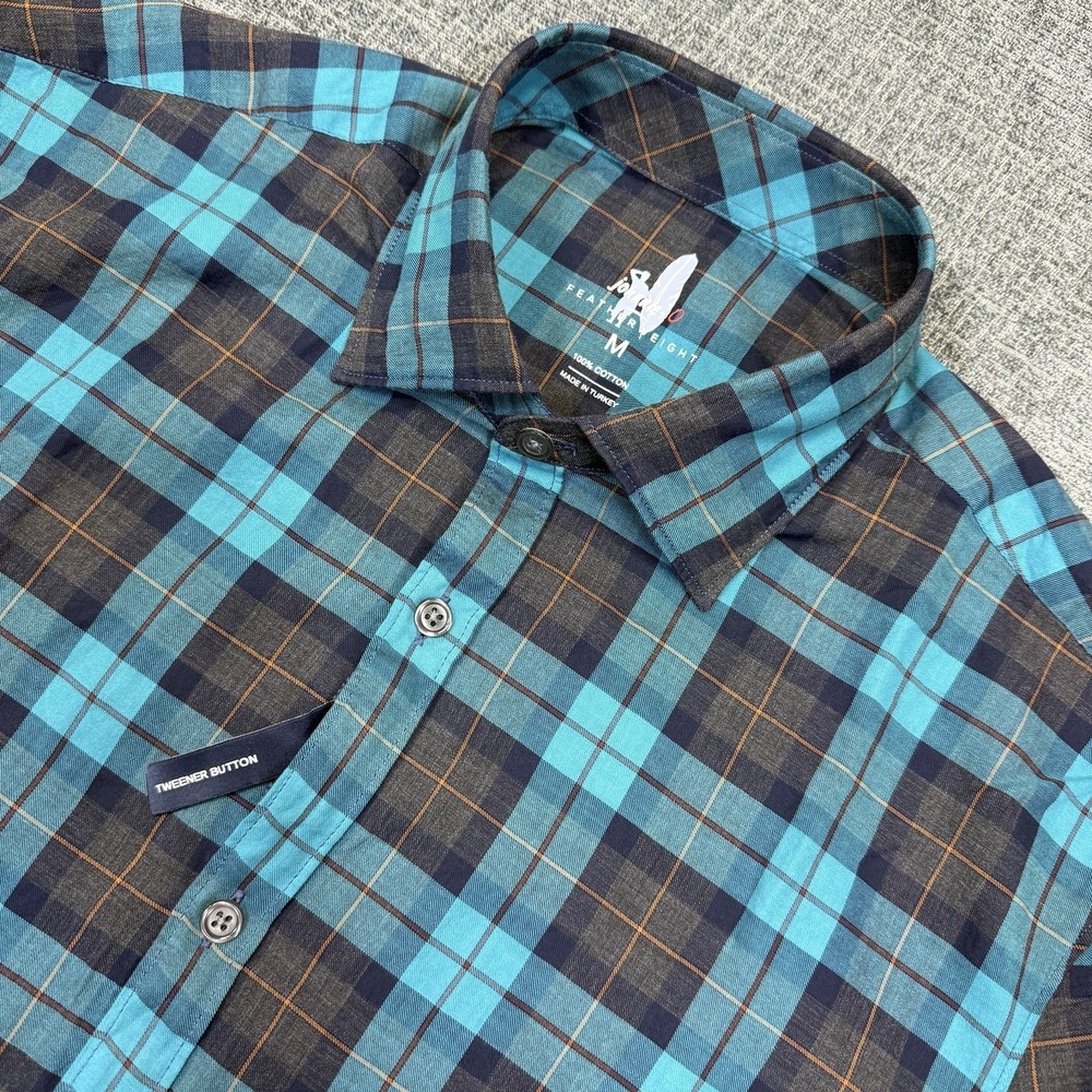 Johnnie-O Featherweight Plaid Button Up Shirt Mens Medium‎ Teal Blue Tweener NWT